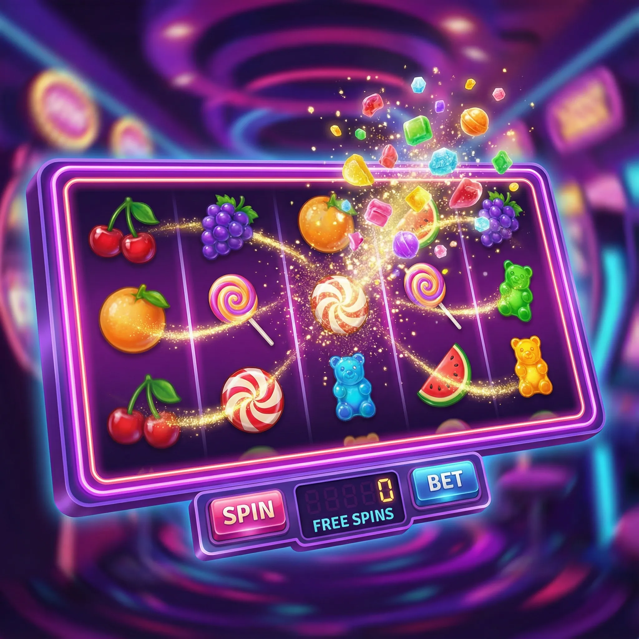 Caça-níqueis coloridos com tema de doces no vaidebet